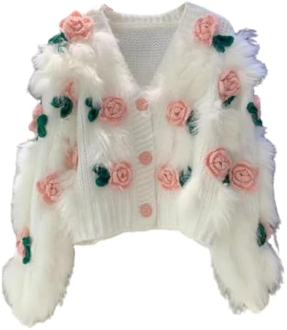 Women's 3D Flowers Embroidered Sweater V-Neck Button Down Y2K Crochet Knit Cardigan Kawaii Rose F... | Amazon (US)