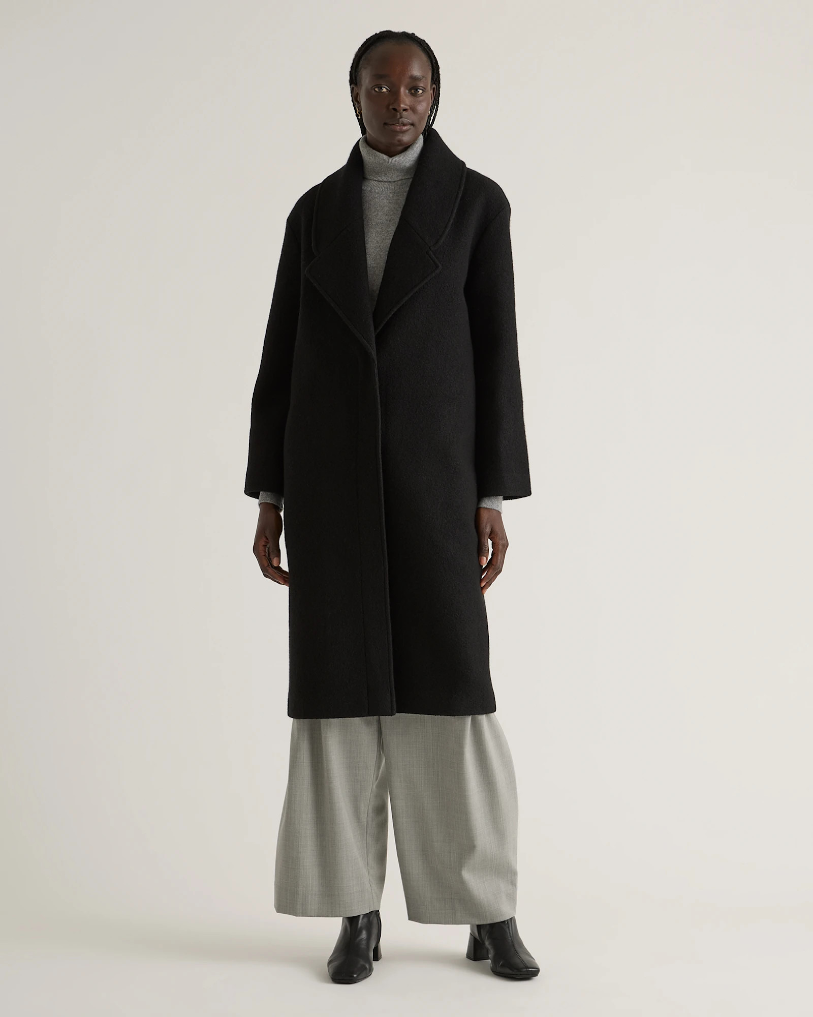 100% Merino Wool Shawl Collar Long Coat in Black | Quince
