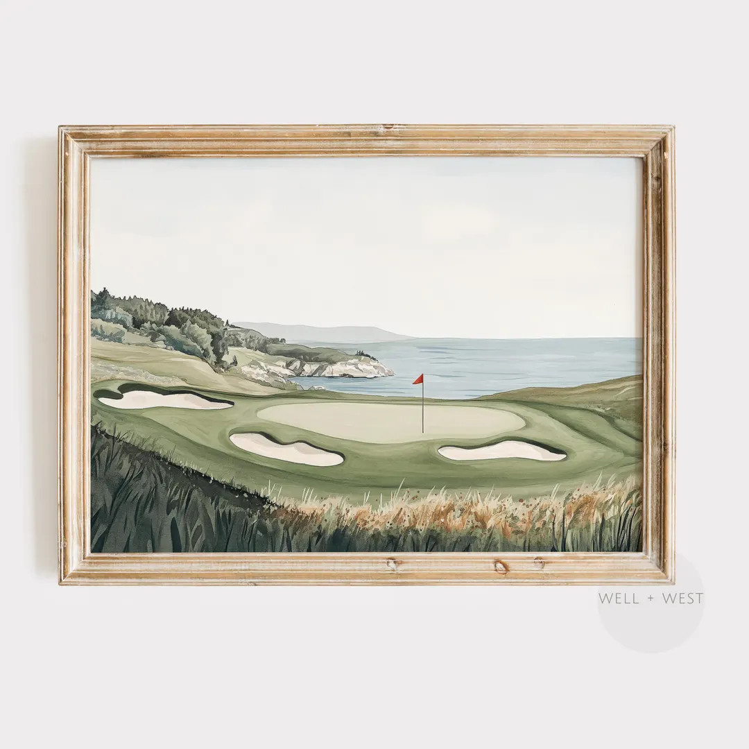 Golf Course Print | Coastal Golf Watercolor Painting | Muted Seascape Landscape | Boys Room Print... | Etsy (US)