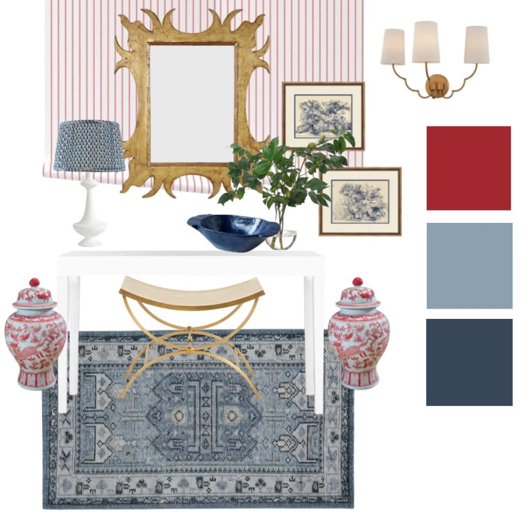 A traditional red, white and blue entryway. (Wallpaper, gold mirror, sofa table, rug, pleated lamp shade, sconce, artwork, ginger jars, bench)

#LTKSeasonal #LTKHome