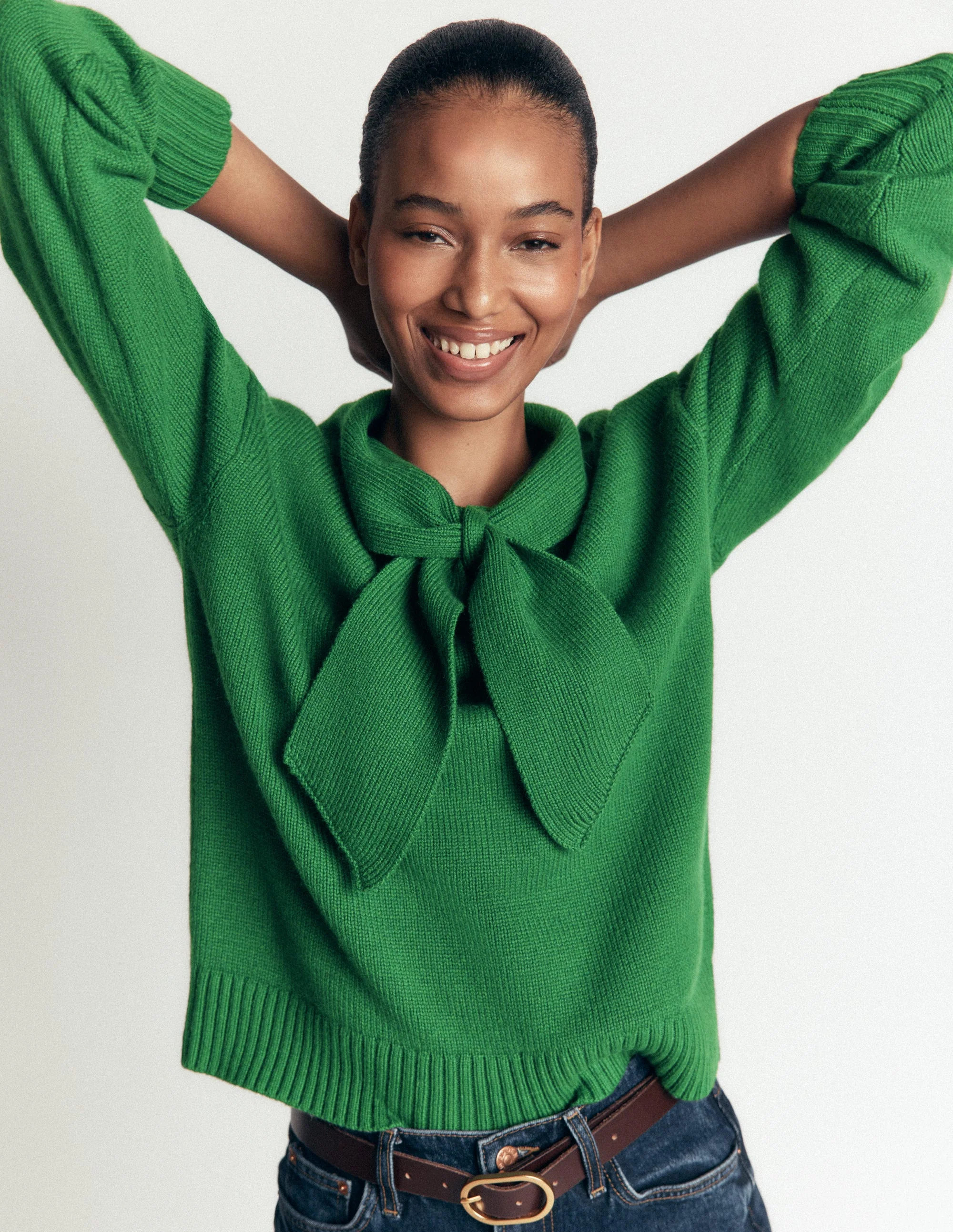 Lydia Tie Neck Knitted Sweater-Hunter Green Melange | Boden (US)