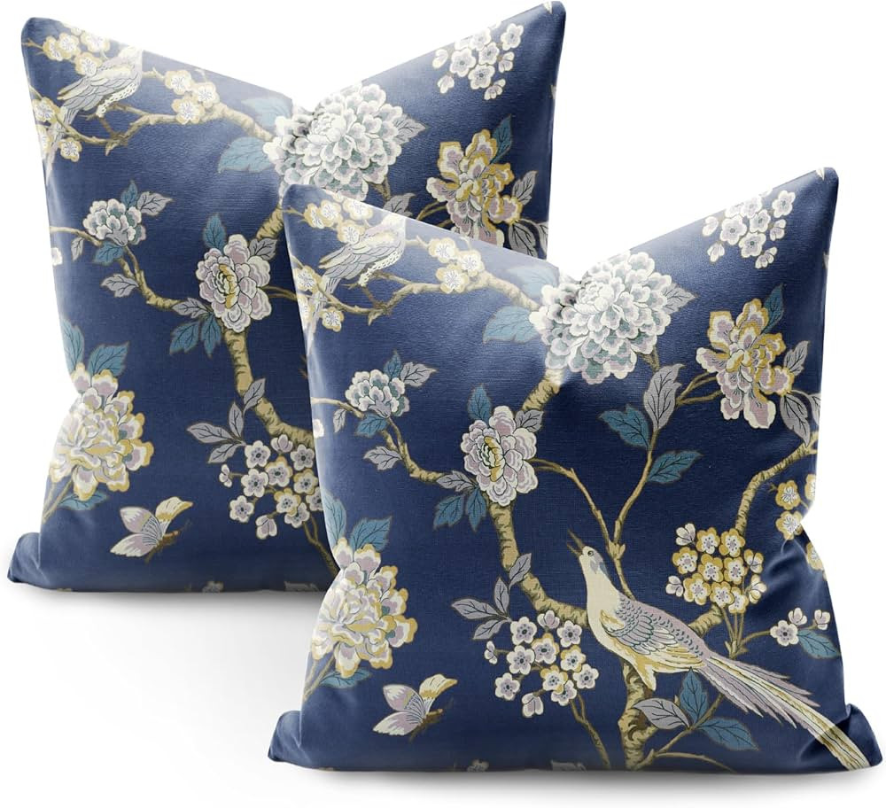 SMF Chinoiserie Pillow Covers 18x18 Set of 2 Flower and Bird Green Linen Throw Pillows Chinoiseri... | Amazon (US)