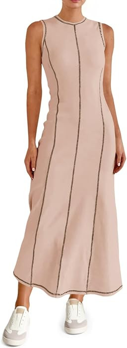 Wenrine Womens Sleeveless Maxi Dress Knit Ribbed Stitch Tank Dresses | Amazon (US)