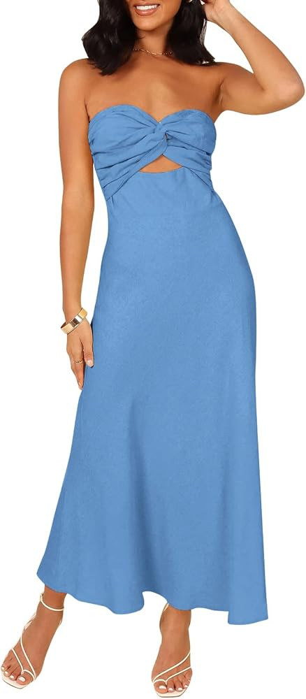 LILLUSORY Women Cotton Linen Strapless Twist Knot Front Bandeau Tube Maxi Dresses | Amazon (US)
