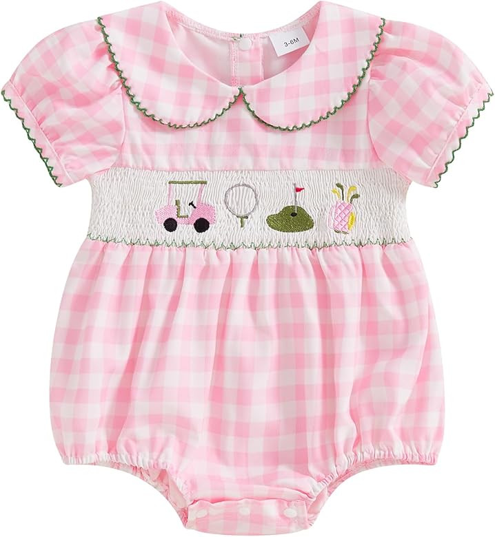 Newborn Baby Girl Golf Outfit Plaid Golf Cart Embroidery Bubble Romper Infant Baby Summer Clothes | Amazon (US)