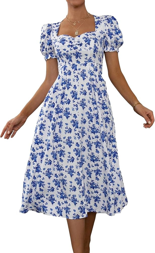 WDIRARA Women's Floral Print Puff Sleeve Square Neck Tie Front Split Thigh Dress | Amazon (US)