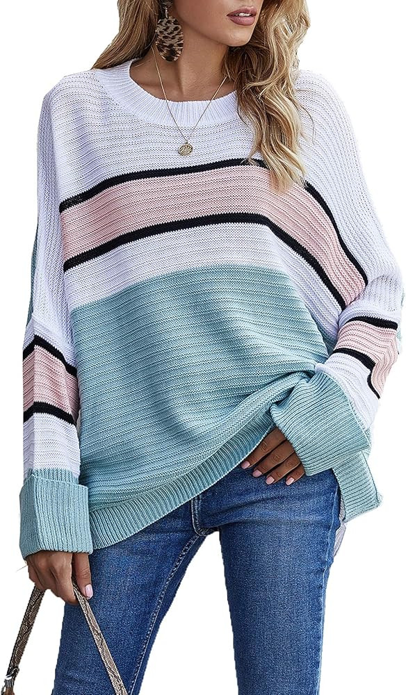 Murimia Women's Color Block Striped Oversized Sweater Long Sleeve Casual Loose Knit Pullover Tops | Amazon (US)