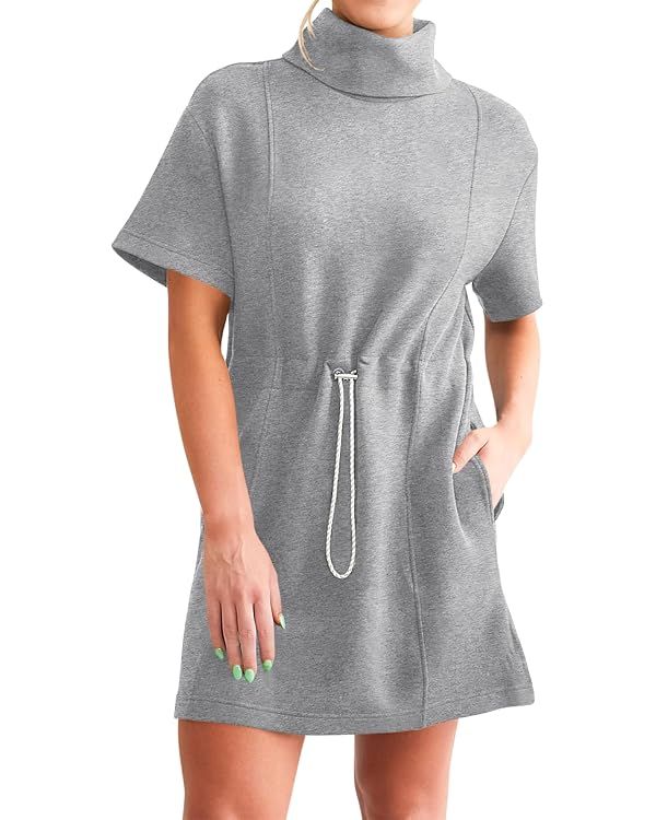 Wenrine Womens Sweatshirt Dress Drawstring Waist Short Sleeve High Neck Casual Mini Dress with Po... | Amazon (US)