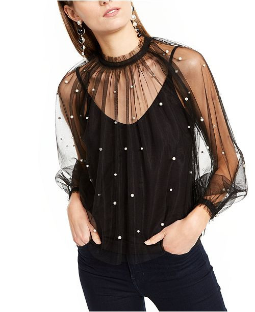 INC Embellished Tulle Mock-Neck Top, Created For Macy's | Macys (US)