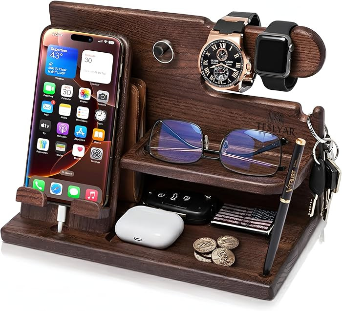 TESLYAR Wood Phone Docking Station for Men - Desk or Nightstand Organizer - Birthday Gifts for Hu... | Amazon (US)
