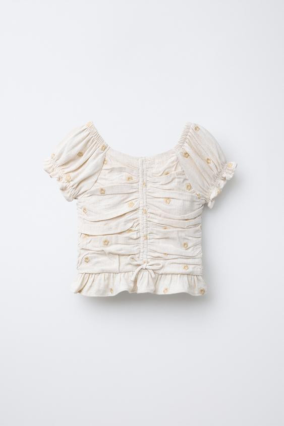 LINEN EMBROIDERED FLOWER RUCHED TOP | Zara US