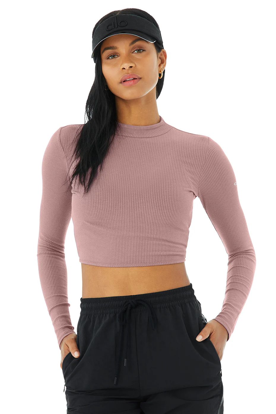 Alo YogaÂ® | Ribbed Crop Premier Long Sleeve Top in Woodrose, Size: Large | Alo Yoga