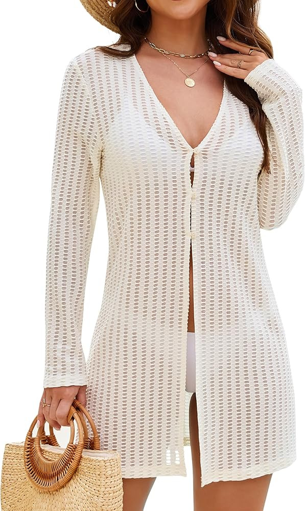 Blooming Jelly Womens Swimsuit Coverup Textured Bathing Suit Cover Up Swimwear Button Down V Neck... | Amazon (US)