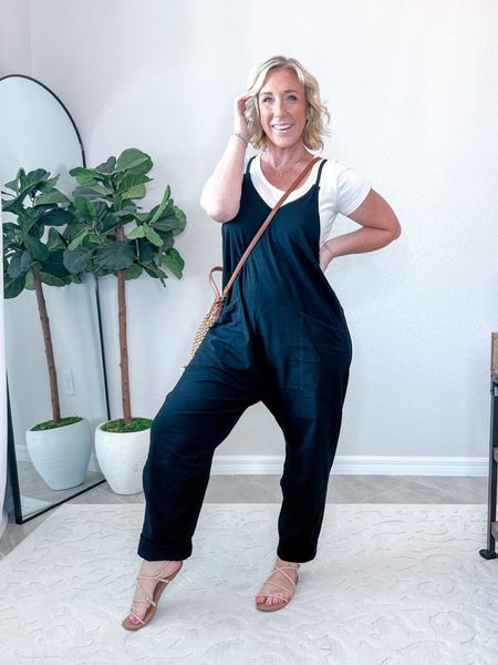 Jumpsuit - size medium (I need a small now, but it fits tts). On sale 43% off - now $22.99. Super super comfortable! And comes in other colors. 
• Scoop neck tee - size medium. Comes in a two pack. 
• Purse & earrings from Amazon too.

#LTKfindsunder50 #LTKSeasonal #LTKsalealert