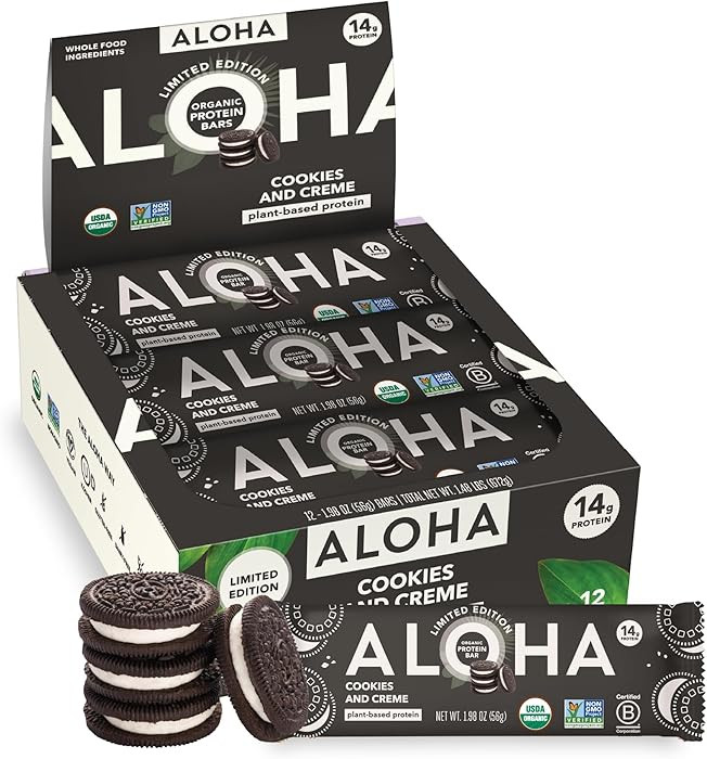 ALOHA Organic Plant Based Protein Bars - Cookies and Creme - 12 Bars, Vegan, Low Sugar, Gluten-Fr... | Amazon (US)