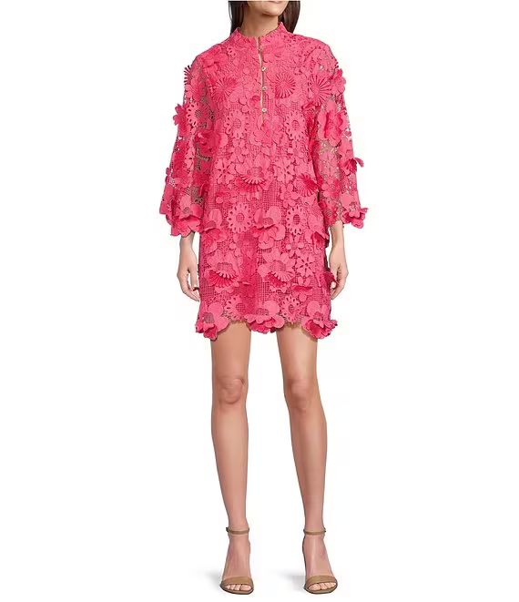 J.Marie Seraphina Floral 3D Lace Split V Button Up Long Sleeve Shift Dress | Dillard's | Dillard's