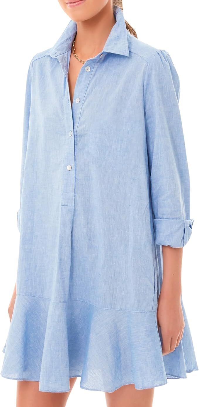 Women's Tunic Mini Shirt Dress Cotton Long Sleeve Ruffle Hem Dress Button Up Shift Chambray Dress... | Amazon (US)