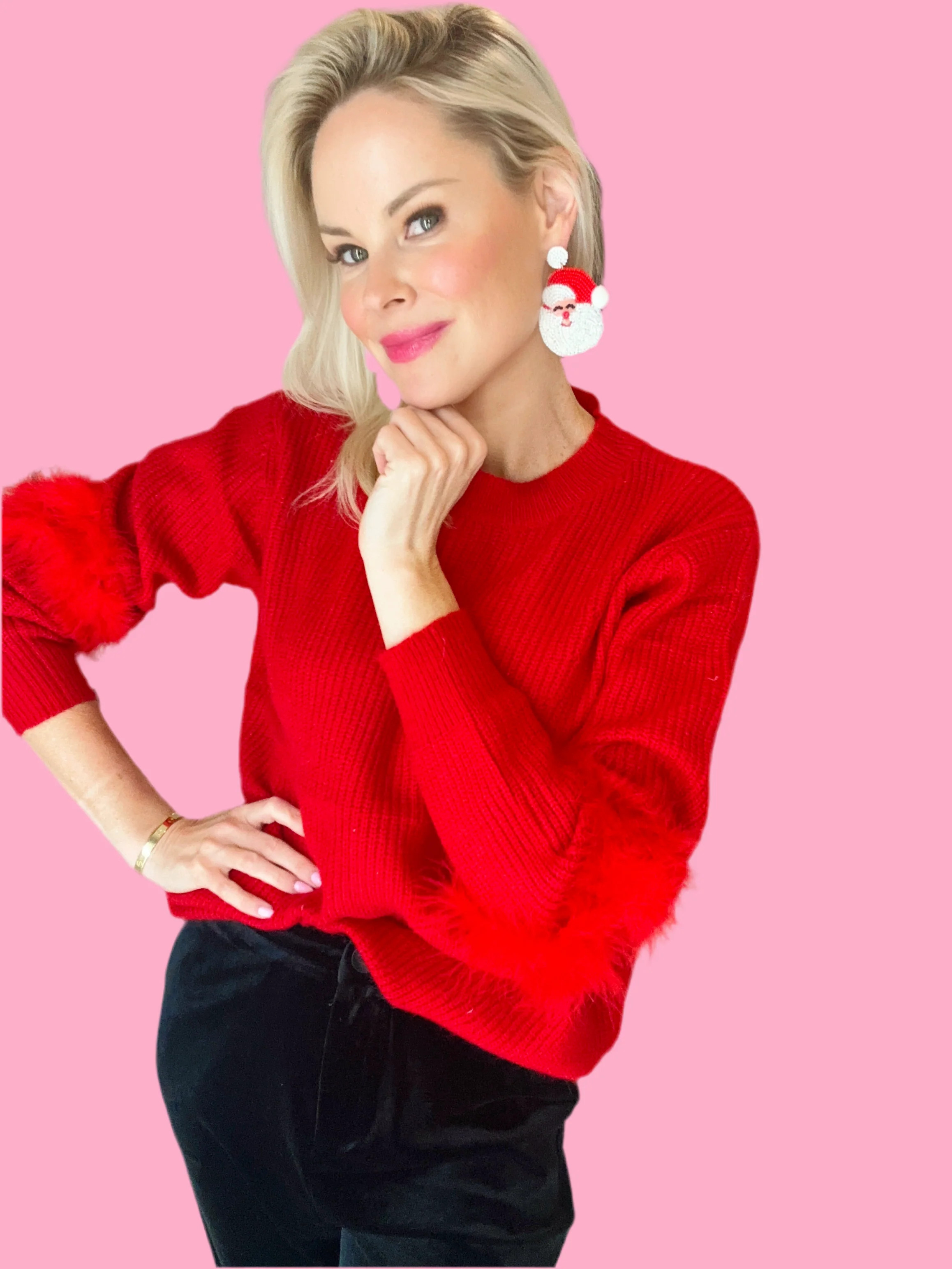 Red Knit Feather Sweater | Teggy French