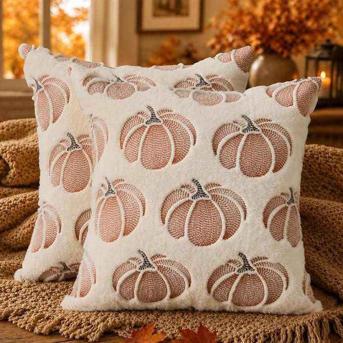 Fall Pillow Covers 18x18 Set of 2 Fall Decorations Rust Pumpkin Beige Throw Pillowcases Soft Plus... | Amazon (US)