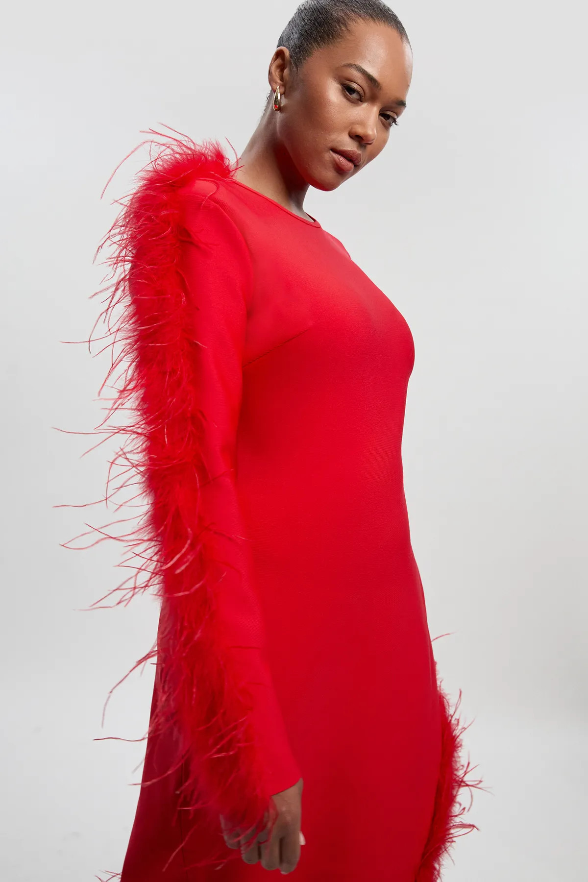 Plus Size Figure Form Bandage Knit Split Feather Hem Maxi Dress | Karen Millen UK + IE + DE + NL