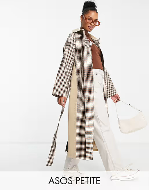 ASOS DESIGN Petite plaid trench coat in stone | ASOS (Global)