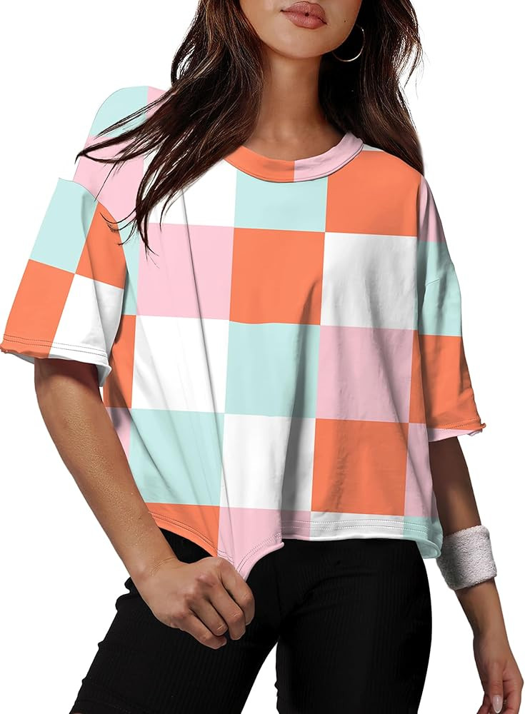 XIEERDUO Cotton Tshirts for Women Drop Shoulder Round Neck Oversized Crop Tops Workout Tops Tees | Amazon (US)