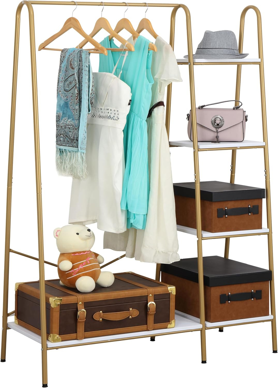Finnhomy Clothes Rack, Clothing Rack for Hanging Clothes Heavy Duty Garment Rack with 5 Wood Shelves Freestanding Portable Closet Organizer for Bedroom/Entryway/Boutiques，Gold | Amazon (US)