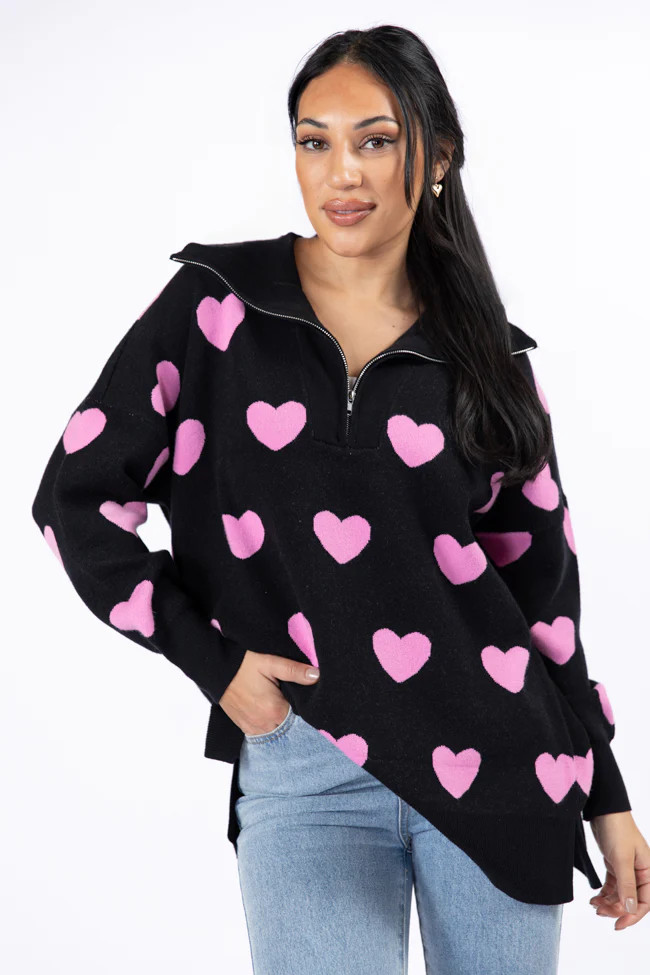 Pulling Heartstrings Black and Pink Heart Print Quarter Zip Pullover | Pink Lily