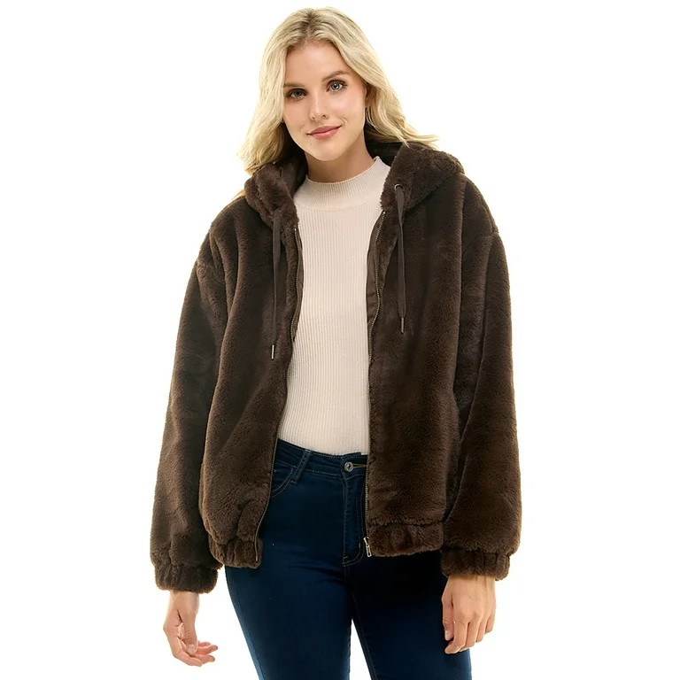Time and Tru Women's Faux Fur Zip Up Hoodie, Sizes XS-3X - Walmart.com | Walmart (US)