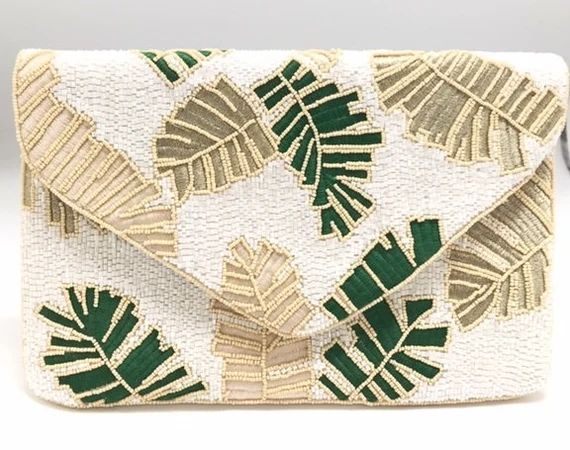 Palm Leaf Handbag Clutch ~ Beaded Bag ~ White, Gold, Green ~ Womens Purse | Etsy (US)