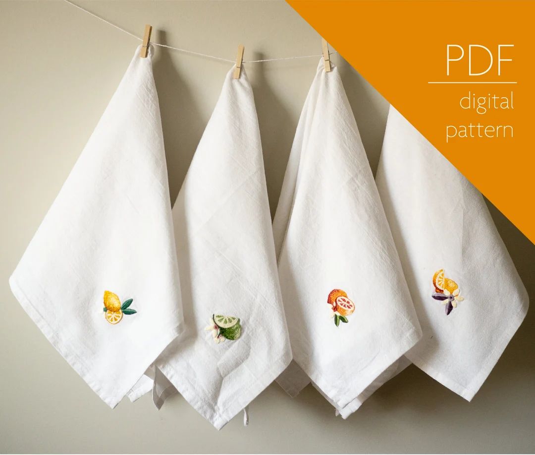 Citrus Dish Towels, Set of 4 Beginner PDF Embroidery Thread Painting Pattern for Modern Kitchen L... | Etsy (US)