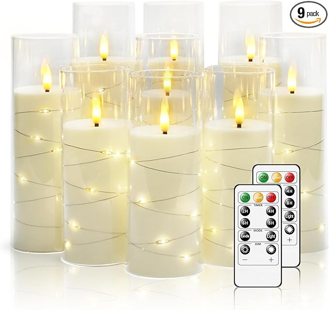 Flickering Flameless LED Candles, 9 Pcs with Embedded Star String, Acrylic LED Pillar Candles wit... | Amazon (US)