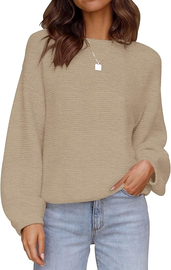 ZESICA Women's 2024 Crew Neck Long Lantern Sleeve Casual Loose Ribbed Knit Solid Soft Pullover Sw... | Amazon (US)