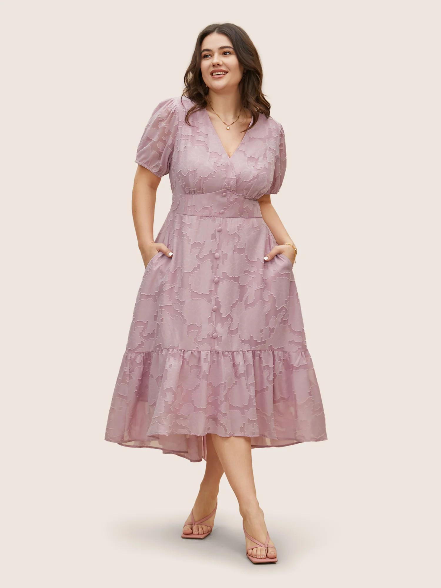 Solid Textured Lantern Sleeve Button Detail Dress | Bloomchic