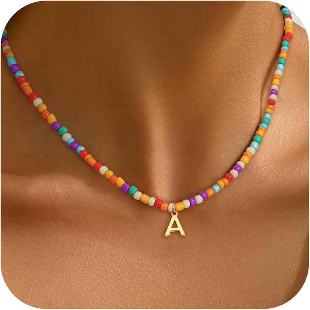 Colorful Initial Necklaces for Girls Women - Cute Beaded Choker Initial Necklace Teen Girl Gifts ... | Amazon (US)