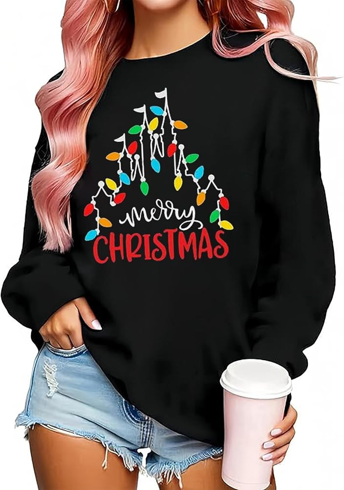 Christmas Shirts Women Funny Merry Christmas Lights Sweatshirt Castle Graphic Xmas Lightweight Pu... | Amazon (US)