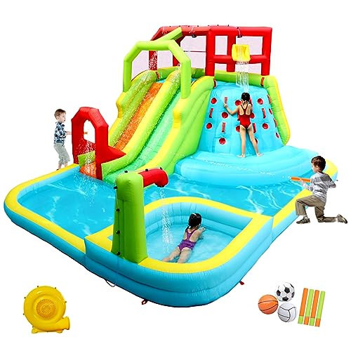 WELLFUNTIME Inflatable Water Slide Park with Splash Pool Climb The Wall, 3 Inflatable Sport Balls and 4 Water Guns, Water Slide with Air Blower | Amazon (US)