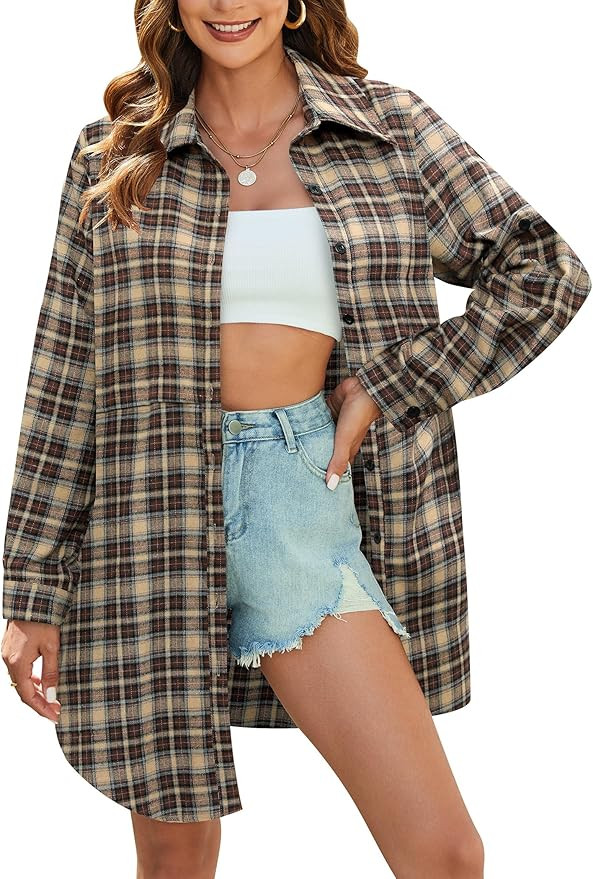 HOTOUCH Womens Flannel Plaid Shirts Roll Up Long Sleeve Mid-Long Casual Boyfriend Shirts with Poc... | Amazon (US)