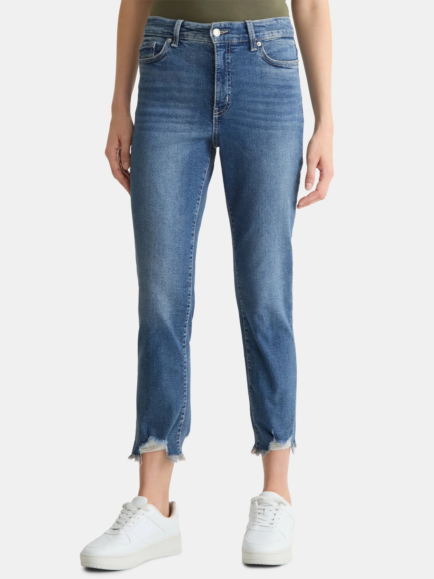 Time and Tru Women's High Rise Straight Leg Destructed Hem Jeans, 26" Inseam, Sizes 0-20 | Walmart (US)