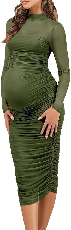 Dedysler Maternity Mesh Bodycon Dress for Baby Shower Sexy Mock Neck Long Sleeve Casual Pregnancy... | Amazon (US)