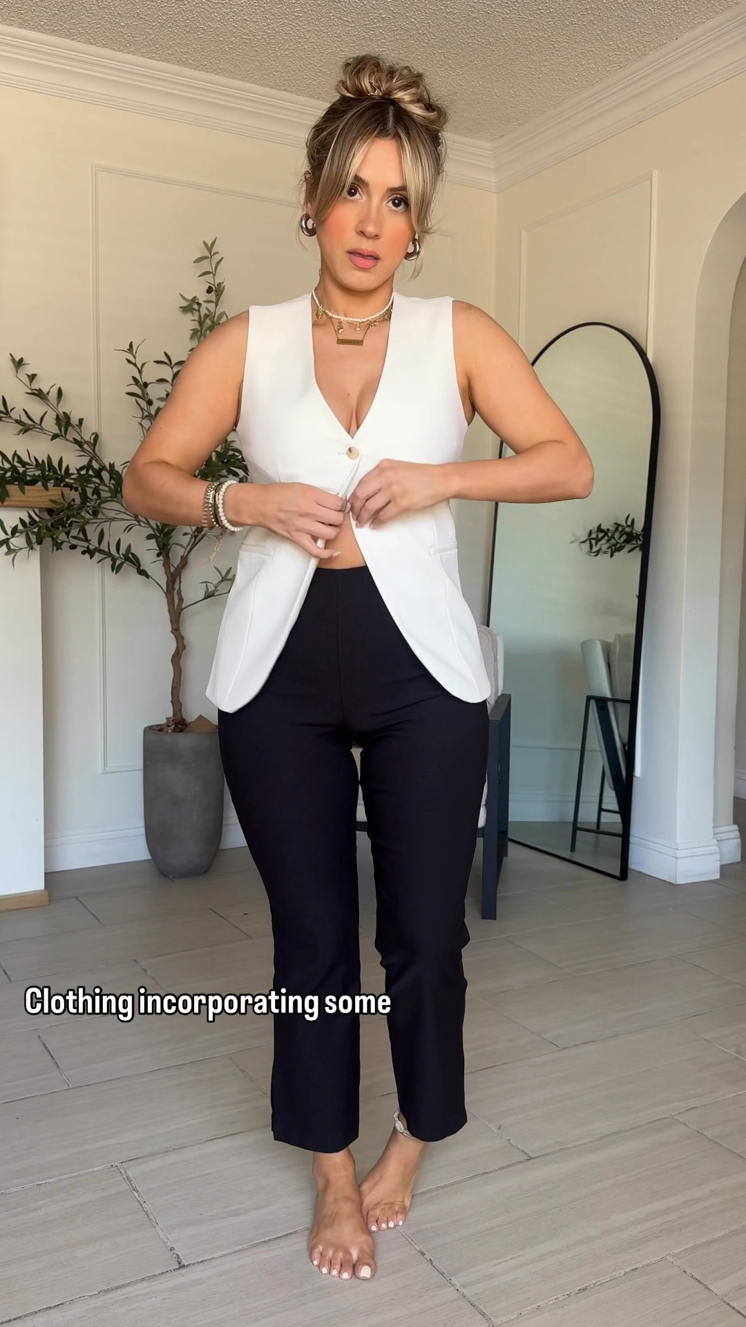 Every single @dynamiteclothing piece can be easily transitioned into the fall season 🙌🏼  #ad

✔️small in capri pants + pencil dress 
✔️XS in vests 
✔️size 29 in barrel jeans 
✔️size 28 in wide leg jeans 
✔️size 4 in skort 
✔️XS in cardigan 

#LTKU #LTKFindsUnder100 #LTKStyleTip