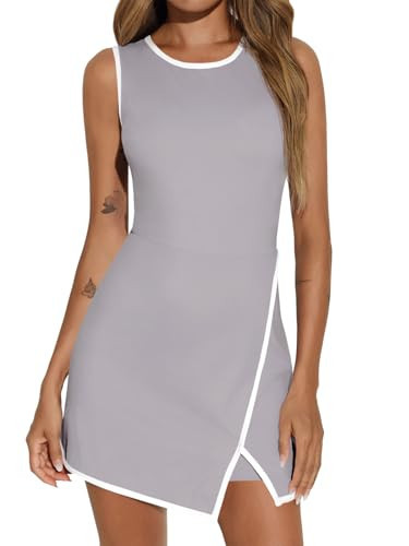 Fisoew Women's Workout Tennis Dress with Built-in Bra & Shorts Pockets Sleeveless Crewneck Golf Athletic Mini Dresses Grey | Amazon (US)