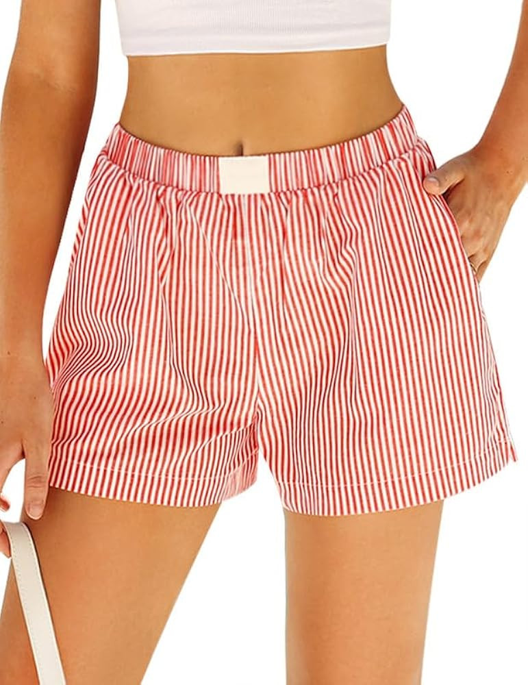 Marvmys Womens Boxer Shorts Cotton Plaid Gingham Shorts Summer Elastic Waist Pajama Buttoms with ... | Amazon (US)