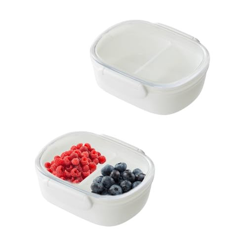 2 PCS Double Compartment Snack Containers with Clear Airtight Lids, Small Reusable Snack Pack Box with 2 Removable Compartments, Portable Divided Food Storage Containers for Mini Fridge,Picnic, White | Amazon (US)