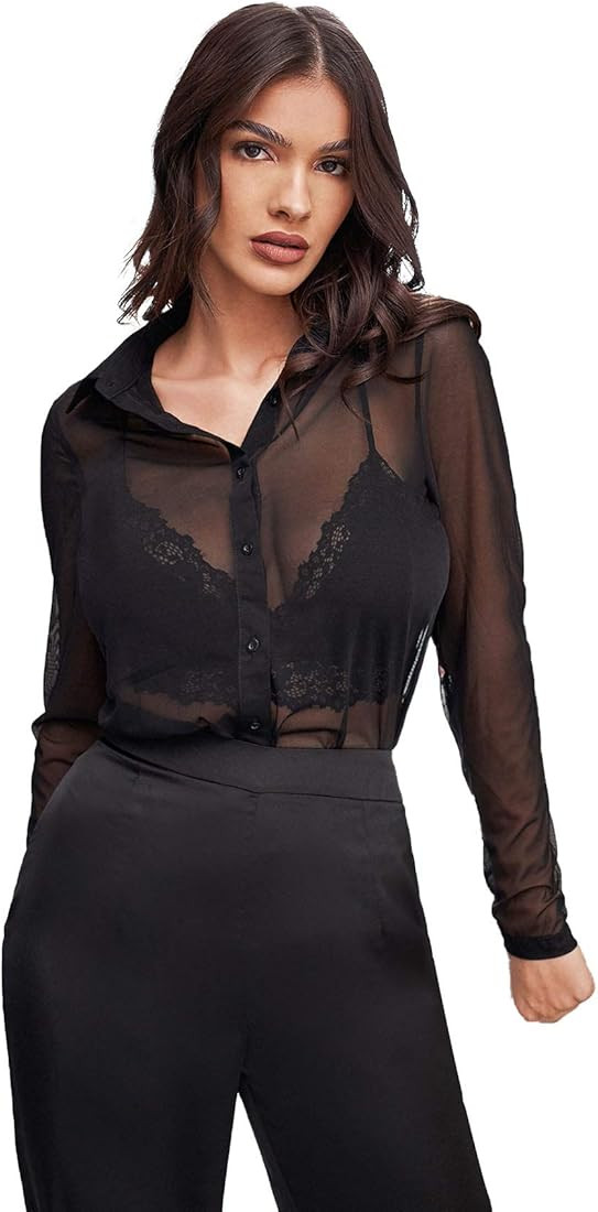 SheIn Women's Sheer Mesh Button Down Tops Long Sleeve Collar Solid Blouse Shirt | Amazon (US)