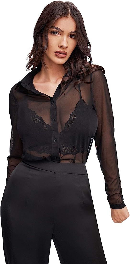 SheIn Women's Sheer Mesh Button Down Tops Long Sleeve Collar Solid Blouse Shirt | Amazon (US)