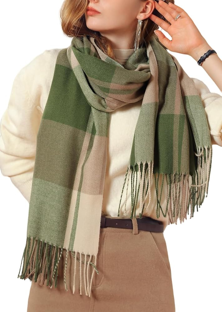 Women's Fashion Scarves Long Cashmere Like Shawl Winter Warm Knit Large Tassel Plaid Scarf | Amazon (US)