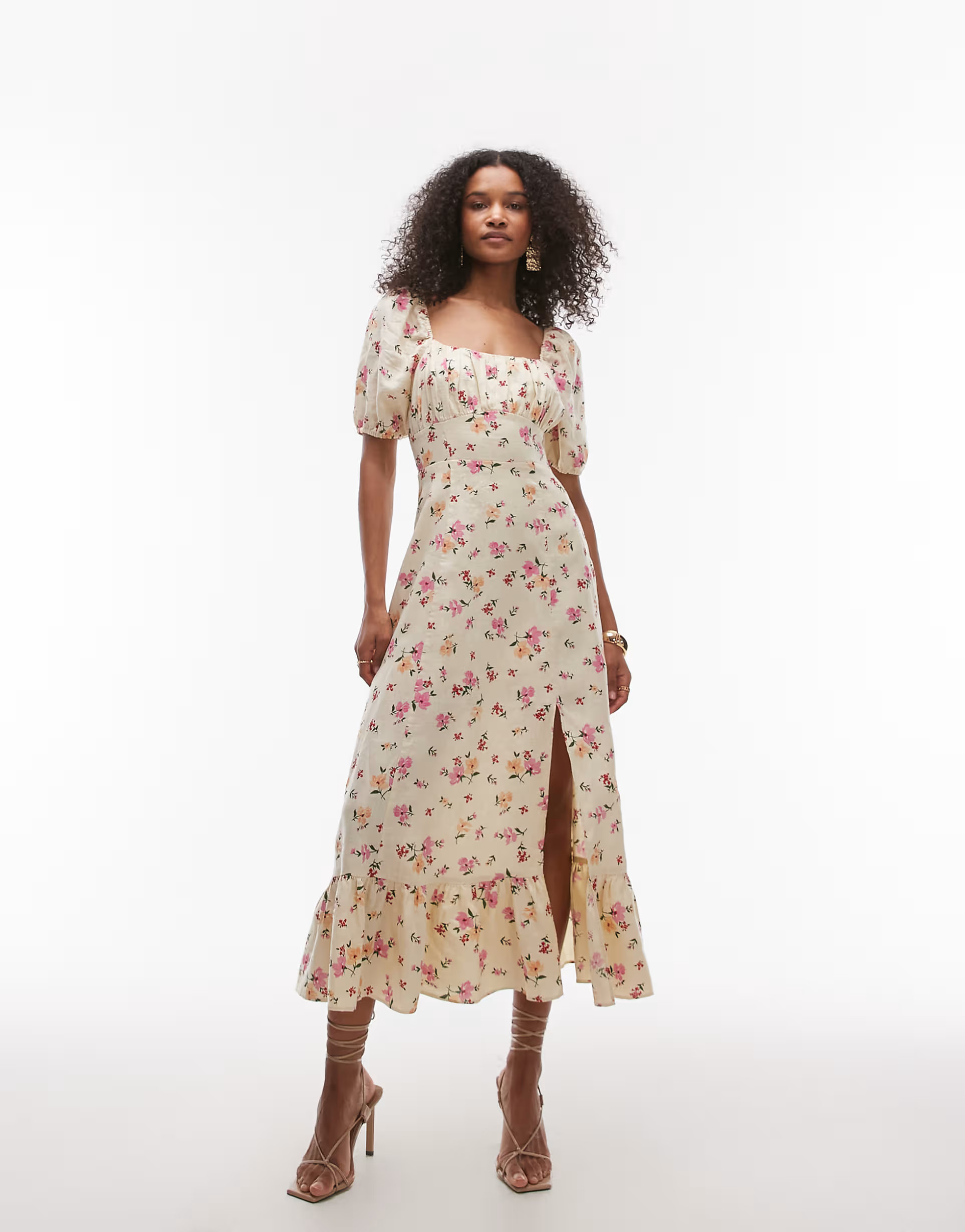 & Other Stories linen puff sleeve midaxi dress with split in floral print | ASOS (Global)