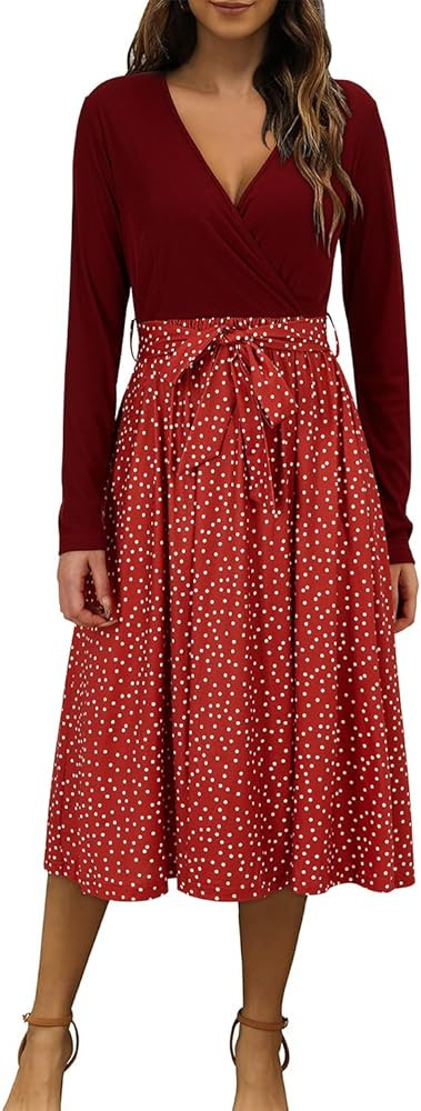 OUGES Womens' Fall Dress 2023 Long Sleeve V Neck Ribbed Business Casual Outfits Teacher Midi Maternity Dresses with Pockets | Amazon (US)