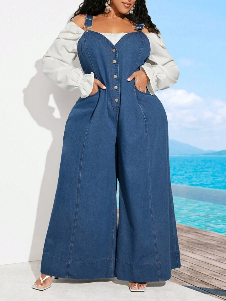 SHEIN CURVE+ Plus Size Washed Denim Front Button Up Cami Jumpsuit | SHEIN